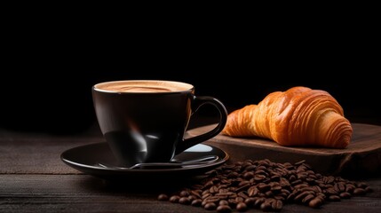 Coffee cup and croissant on wooden table with black background