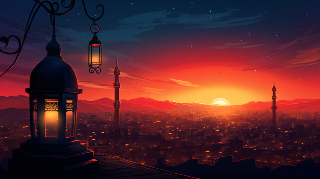 Ramadan celebration arabic lantern background illustrations. Generative ai