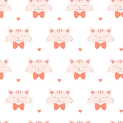 Cozy seamless pattern with cute cat with bow tie on white background with hearts. Vector illustration in flat style