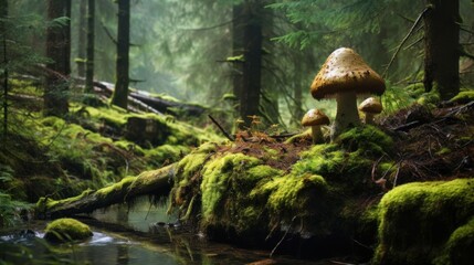 Fototapeta premium Fairytale forest scene with mushrooms growing on mossy rocks