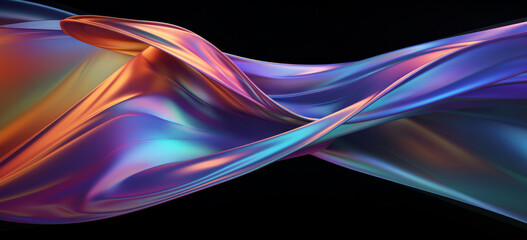 Iridescent, fabric and wave flow render on a black background for design, wallpaper or backdrop. Colourful, vibrant material and holographic fluid closeup of curves graphic for science, 3d art and cr