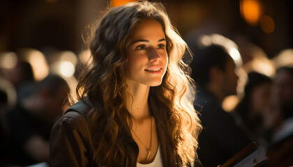 Young woman enjoying city nightlife, smiling with confidence and elegance generated by AI