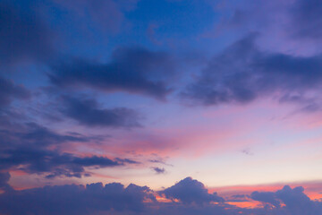 morning clouds and sky,Real majestic sunrise sundown sky background with gentle colorful clouds without birds. Panoramic, big size
