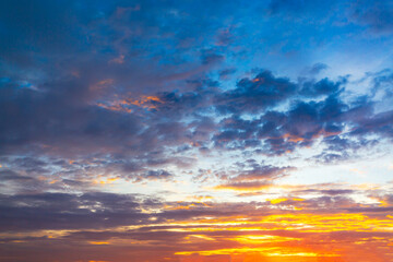 Naklejka na ściany i meble morning clouds and sky,Real majestic sunrise sundown sky background with gentle colorful clouds without birds. Panoramic, big size