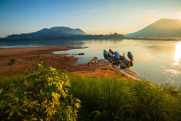 Mekong river and mountain scenery in the morning,Kaeng Khut couple scenery, Chiang Khan,...