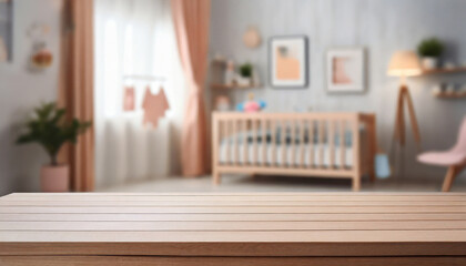 Empty wooden table inside the baby room