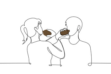 woman and man drink from bottles with their hands intertwined at the elbows - one line art vector. concept of having a drink with a friend or with your date