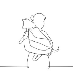 woman holds a dog in her hands or walks with him - one line art vector. concept dog owner, dog grooming