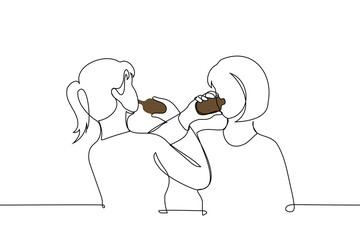 women drink from bottles with their hands intertwined at the elbows - one line art vector. concept of drinking with a friend
