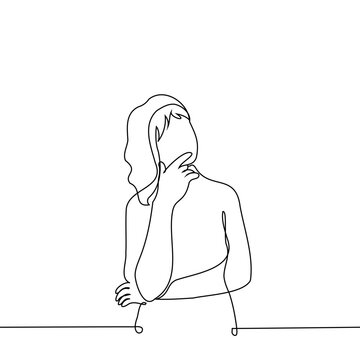 recommend clip art: woman stands lost in thought with her arms crossed and stroking her chin - one line art vector. concept reflection, self-reflection