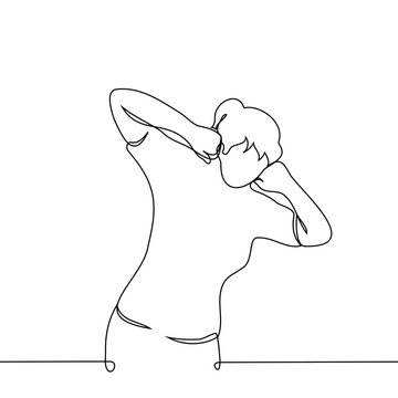 Woman Bent Over With Her Arms Bent At The Elbows And Holding His Head - One Line Art Vector. Concept Physical Exercises - Body Bending, Stretching