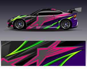Fototapeta premium Car wrap design vector.Graphic abstract stripe racing background designs for vehicle, rally, race, adventure and car racing livery