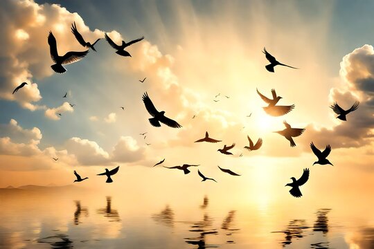 Birds fly to the sun, cloud on the sky, sun light