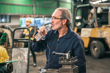 An employee is drinking water after a tiring job in a heavy industrial plant.