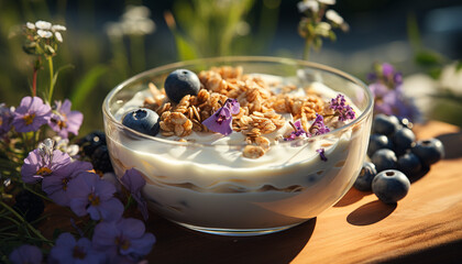 Freshness and sweetness in a homemade blueberry yogurt parfait generated by AI