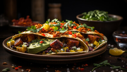 Freshness and spice on a tortilla, a gourmet Mexican meal generated by AI