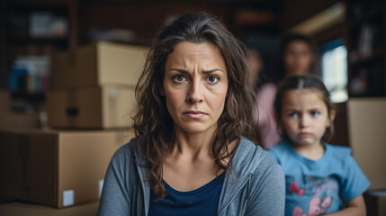 mother and her kids, two girls, woman, 40s, indoor in a room surrounded by cardboard boxes, shocked or sad and worried, moving stress and moving boxes, fictional reason and location - obrazy, fototapety, plakaty