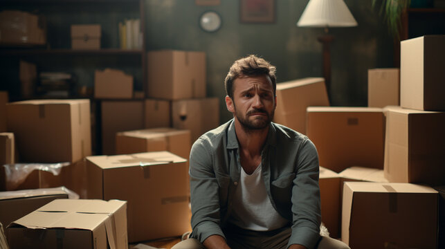 caucasian man, 30s, indoor in a room surrounded by cardboard boxes, shocked or sad and worried, moving stress and moving boxes, fictional reason and location