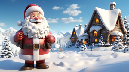 Happy santa clause 3d cartoon standing in front of house with snow field. Generative ai. - obrazy, fototapety, plakaty