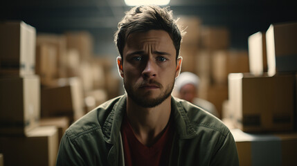 caucasian man, 20s, indoor in a room surrounded by cardboard boxes, shocked or sad and worried, moving stress and moving boxes, fictional reason and location