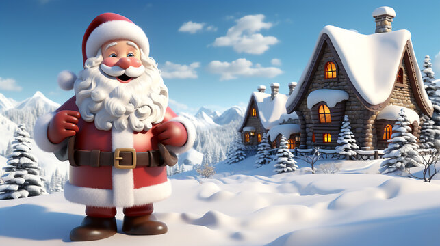 Happy santa clause 3d cartoon standing in front of house with snow field. Generative ai.
