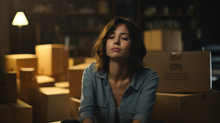 caucasian woman, 30s, indoor in a room surrounded by cardboard boxes, shocked or sad and worried, moving stress and moving boxes, fictional reason and location - obrazy, fototapety, plakaty