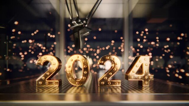 Three-axis robot with a gripper takes the golden digit 4 and pushes out the digit 3 from the date 2023. Animation for the upcoming New Year 2024. Last 76 frames in clip are looped.
