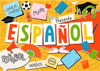 Spanish. Espanol; Hablas Espanol? Hallo...Translation: Spanish; Do you speak Spanish, hello; Present, language, Future, a lot, for, verbs. Language collage.