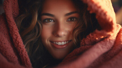 new day, early morning, happy in bed, weekend rest, smiling woman, relaxed and content in bed, tranquility and ease