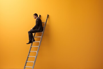 Businessman sitting  the career ladder to success - obrazy, fototapety, plakaty
