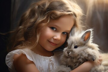  little girl hugging with her  rabbit, bunny