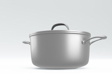 Stainless steel cooker with lid and chrome cookware on white background