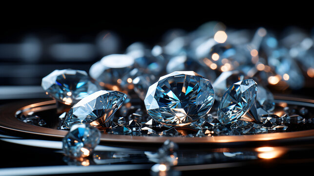Reflective, glassy diamonds shine brightly, some scattered to create a rich, stylish look. Ai generative, Shany Dimonds