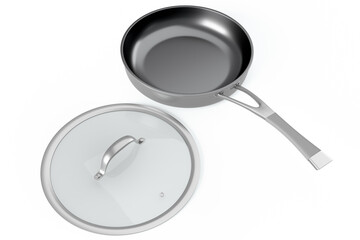 Stainless steel frying pan with glass lid and chrome cookware on white