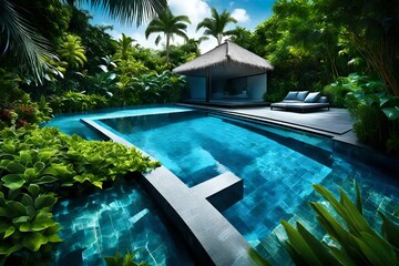Luxury blue swimming pool in tropical garden naturally HD glow