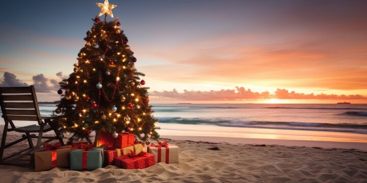 christmas dinner romantic table setting on the beach. AI Generated