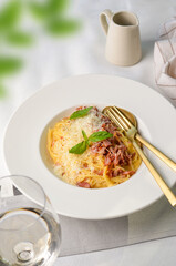 Pasta Carbonara, Spaghetti alla Carbonara, Traditional Italian Cuisine, Delicious Pasta on Bright Background