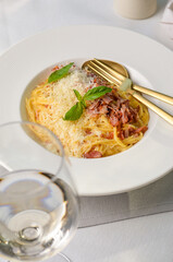 Pasta Carbonara, Spaghetti alla Carbonara, Traditional Italian Cuisine, Delicious Pasta on Bright Background