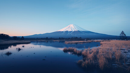 Fototapeta premium A Large Mountain Reflected in a Lake. Generative Ai