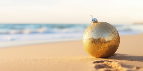 yellow fir tree decoration ball on sandy beach, AI Generated - obrazy, fototapety, plakaty