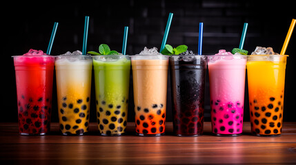 Set of tasty bubble tea in plastic cups on dark background. Various multicolored iced bubble tea. Refreshing summer drink drink. Takeaway drinks with drinking straw