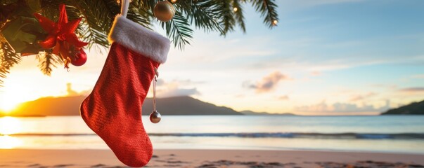 Fototapeta premium Christmas stocking hanging on coconut palm tree at tropical exotic beach. AI Generated