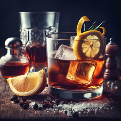 Classic Homemade New Orleans Sazerac Alcoholic Cocktail, Cognac, Bourbon, Absinthe, Bitters, Sugar,...