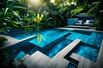 Luxury blue swimming pool in tropical garden naturally HD glow