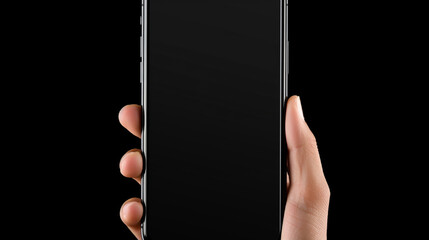 Hand holding the black smartphone iphone with blank screen and modern frameless design, hold Mobile...