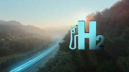 Green Hydrogen Energy Digital Icon Sending Power To Electric Vehicles On The Road. 3D graphic