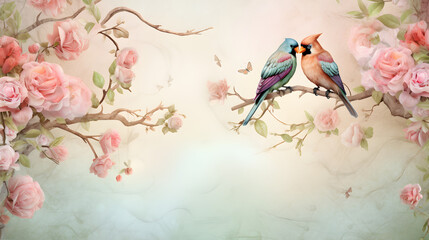 background with flowers. two birds. Happy Valentine's Day greeting. holiday celebration. greeting card design decorated with flowers. two birds