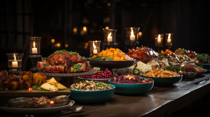 Thanksgiving dinner scene, a large wooden table adorned with a feast of turkey. Generative ai.