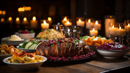 Thanksgiving dinner scene, a large wooden table adorned with a feast of turkey. Generative ai.