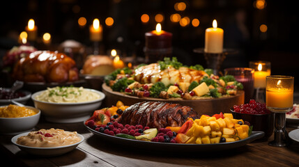 Thanksgiving dinner scene, a large wooden table adorned with a feast of turkey. Generative ai.